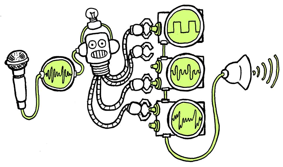 An AI, pictured as a robot, listens to a waveform and operates various knobs using multiple arms to modulate a new waveform.